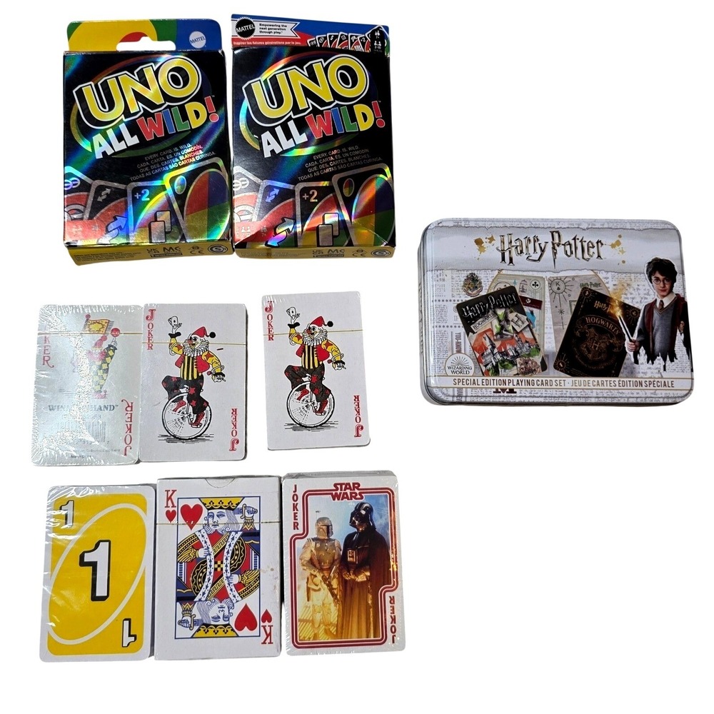Uno All Wild Harry‎ Potter Star Wars Playing Cards Mixed Game Lot 8 Decks Tin